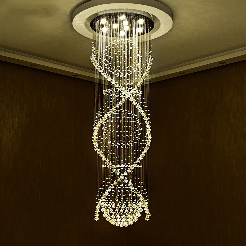 Long Double Spiral LED Crystal Ceiling Light K9 Crystals Chandelier Lighting Rain Drop Lamp for Lobby Staircase Stairs Foyer