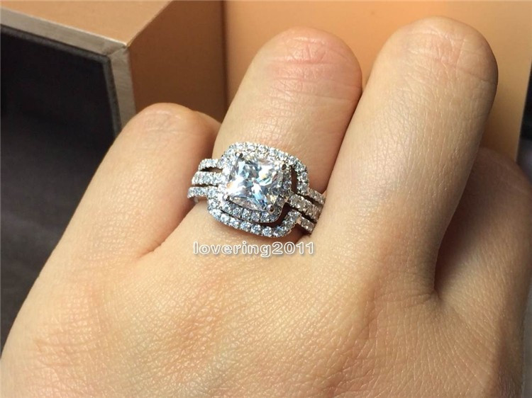 choucong Cushion cut 8mm Stone Diamond 10KT White Gold Filled 3-in-1 Engagement Wedding Ring Set Size 5-11 Gift