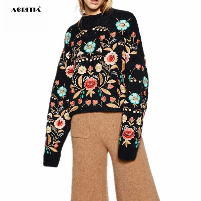 2018 Autumn Winter Women Sweater Fashion Floral Embroidery Pullover Streetwear Sweaters S118
