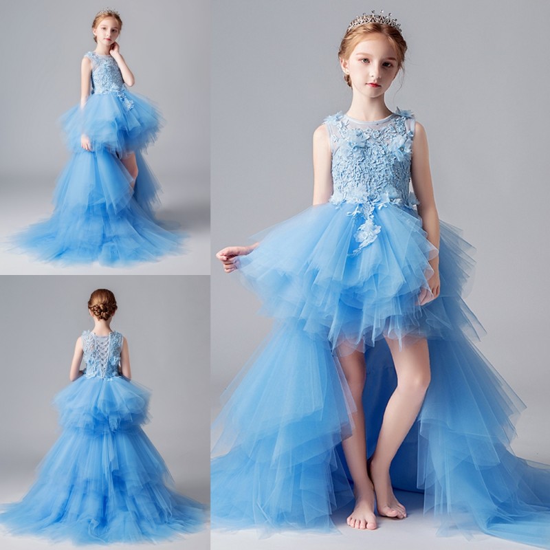 Latest Unique Design Multi Layers Pretty Kids Dresses With Detachable Train Sleeveless Ball Gown Pink And Blue Lovely Girl Dresses