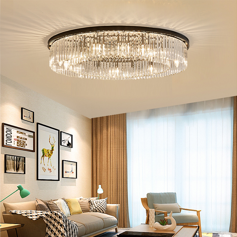 American black round LED ceiling lamp with crystal accents for modern living and dining rooms, bedroom lighting