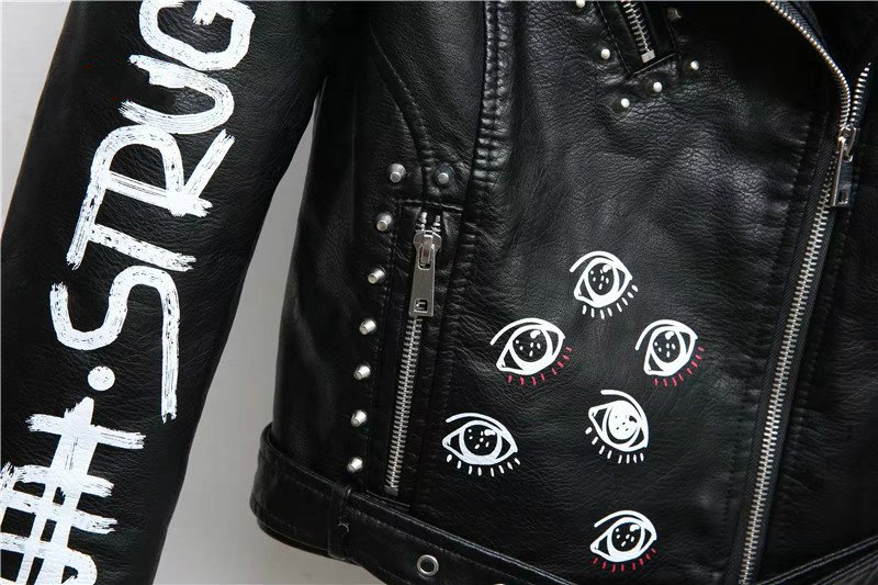 New Spring Ladies Rivet Letter Print Locomotive Pu Leather Jackets Women Short Fashion Hip Coat Pu Leather Bomber