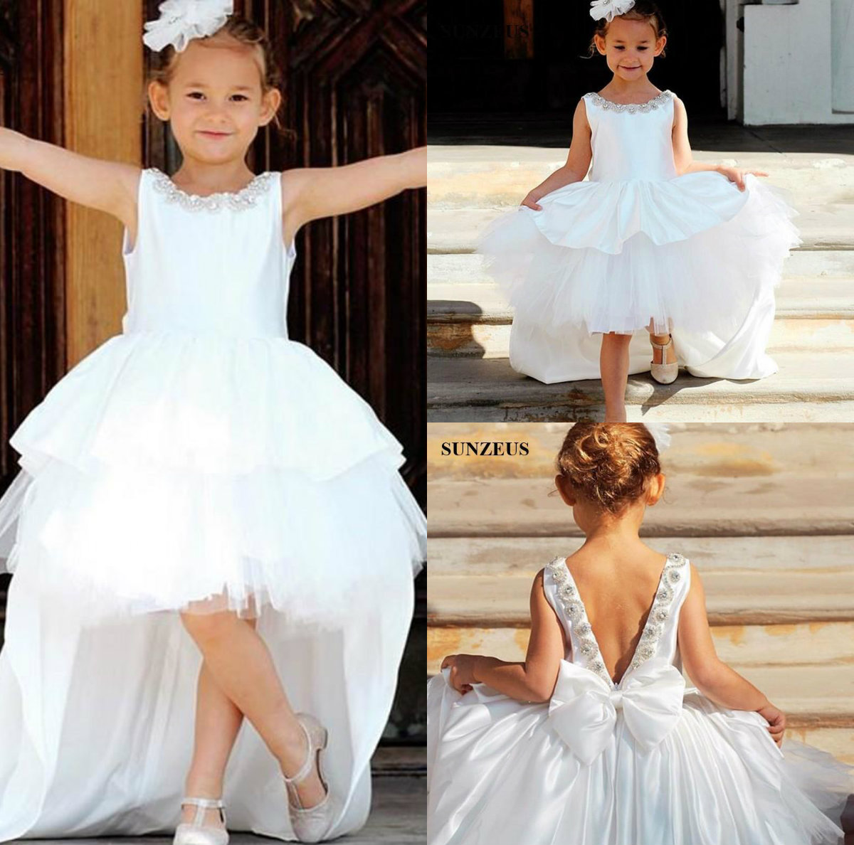 White Flower Girls Dresses For Weddings Jewel Neck High Low Tiered Tulle Beads Tutu Infant Birthday Party Dresses Custom Made Girls Pageant