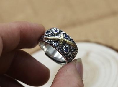Brand new 925 sterling silver designer jewelry vintage hand-made with starry sky with cross ring adjustable open ring with stones