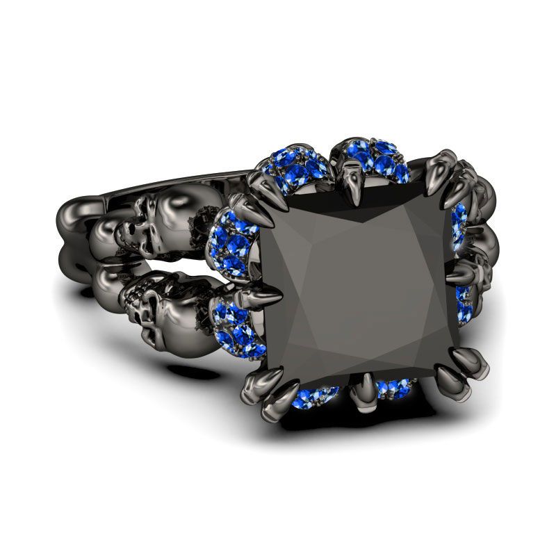 Vintage Punk Fashion Jewelry Wholesale New Brand 10KT Black Gold Filled Big Blue Sapphire Dia Women Wedding Skull Band Ring Gift Box
