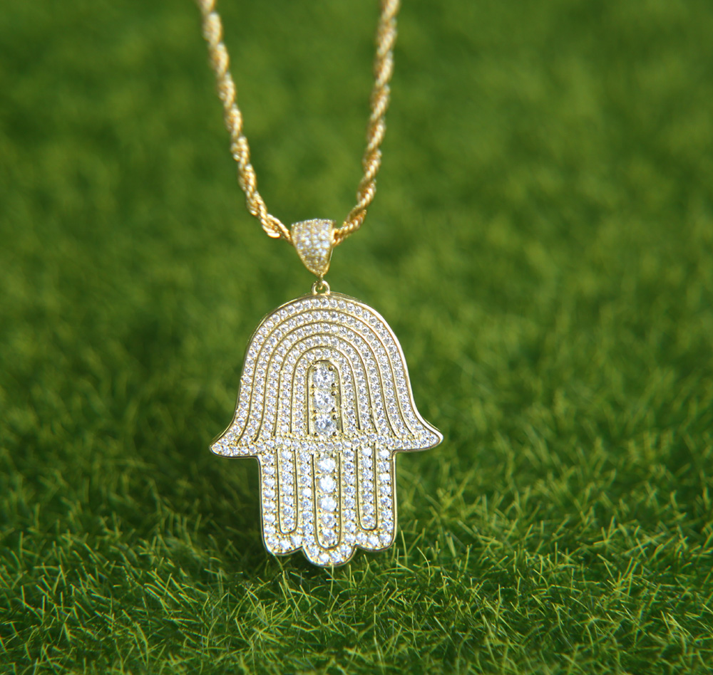 mens lucky hamsa hand pendant necklace hip hop Rock style Full cubic zirconia 24" rope chain silver gold plated cz men necklace