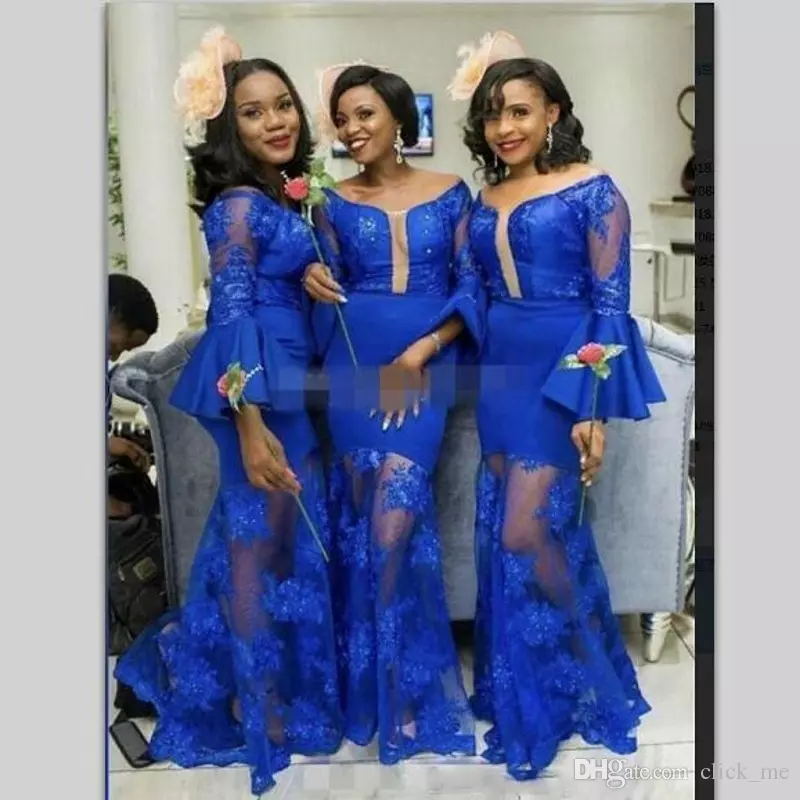 Royal Blue Mermaid Bridesmaid Dresses Saudi Arabic Long Sleeves Scoop Wedding Guest Gowns See Through Sexy Maid Of Honor Dress 0505