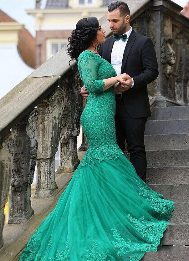 Vintage Mermaid Formal Green Lace Celebrity Elegant Women Party Evening Wear Mother Of The Bride Dresses Long Sleeve 0510