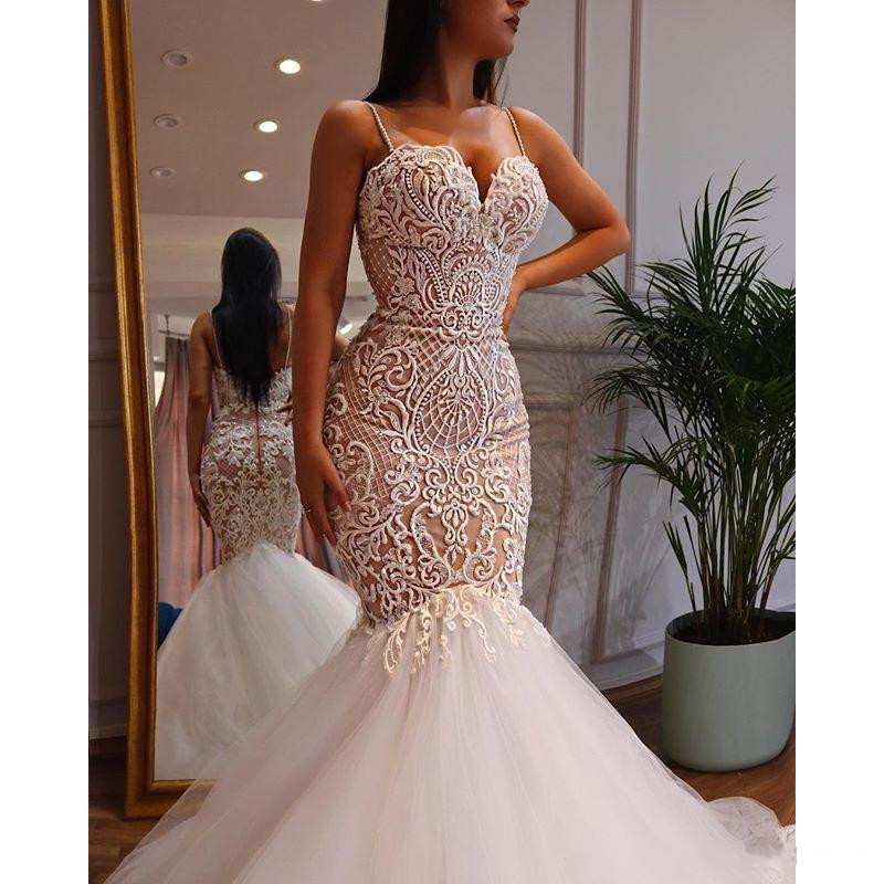 lace mermaid dresses spaghetti strap sweetheart necke bridal gowns trumpet wedding dress beads vestido de novia