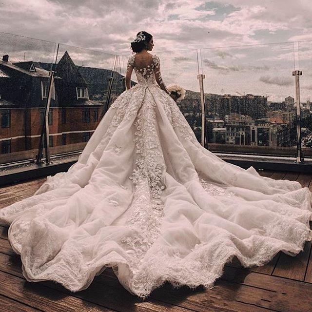 luxury pearls beaded lace ball gown wedding dresses arabia princess royal cathedral train long sleeves bridal gown