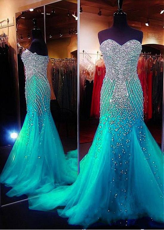 Real Pictures Bling Crystal Mermaid Prom Dresses Sweetheart Sweep Train Luxury Evening Gowns Light Blue Formal Dress party Evening Wear