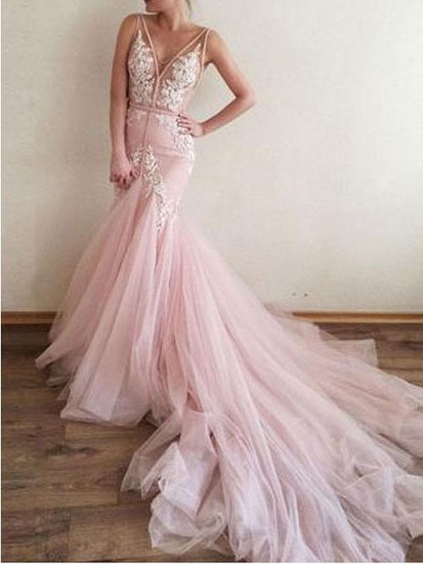 Sexy Backless V Neck Long Mermaid Evening Dresses Glamorous Lace Appliques Pearls Evening Gowns Pink Tulle Sweep Train Prom Party Dress, Champagne
Sexy Backless V Neck Long Mermaid Evening Dresses Glamorous Lace Appliques Pearls Evening Gowns Pink Tulle Sweep Train Prom Party Dress, Champagne