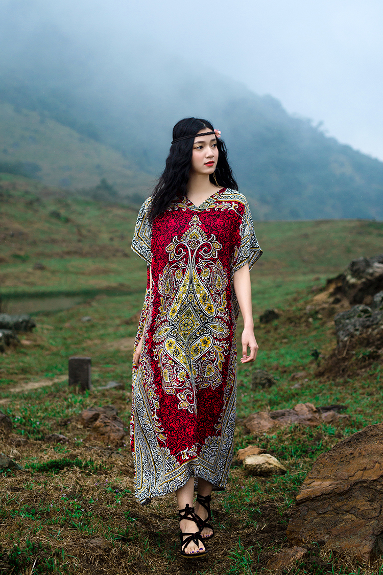 Thailand exotic style stamp Flower vacation long Dress loose large Retro art travel dress Boho Calico Floral Crochet print India Ethnic