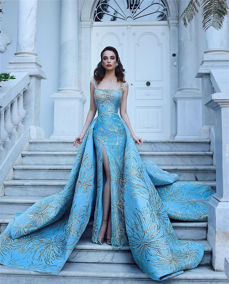 High Quality Custom Made Prom Dress Square Neck Side Split Gold Sequins Satin Evening Party Dresses With Detachable Train