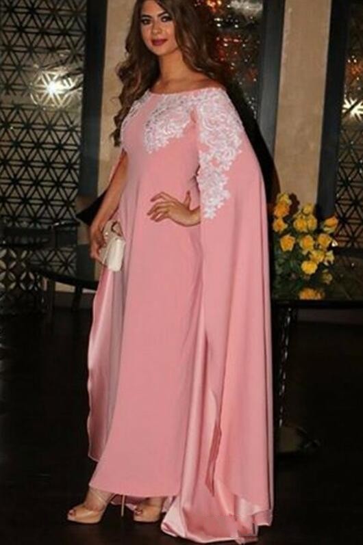 Pink Elegant Muslim Long Evening Dresses Wear With Cape Wrap White Lace Appliques Saudi Arabia Boat Neck Sheath Scoop Prom Gowns Dubai 6660306