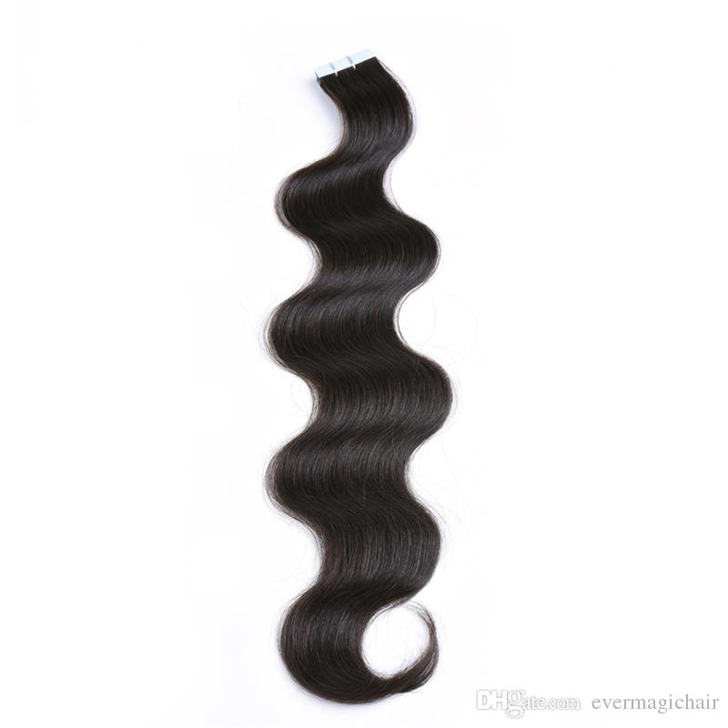 Tape in Human Hair Extensions #1B Natural color body wave Remy Skin Weft Remy Hair Extensions Slik Tape ins Extensions