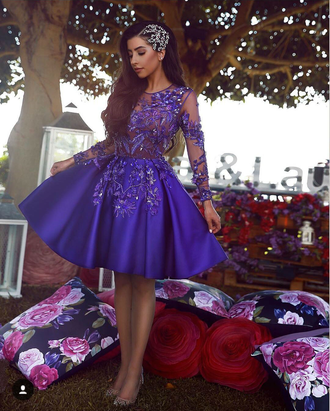 2019 Fashion Purple Short Prom Dress Sheer Long Sleeves Lace Applique Sequins Beaded Cocktail Party Dresses Formal Evening Celebration Gowns