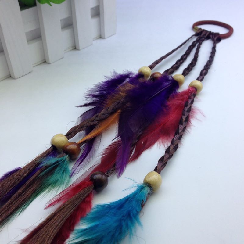 Handmade Bohemia Feather Hair Rubber Bands With Plait Wood Beads Girls Hippie Rope Mix Colors