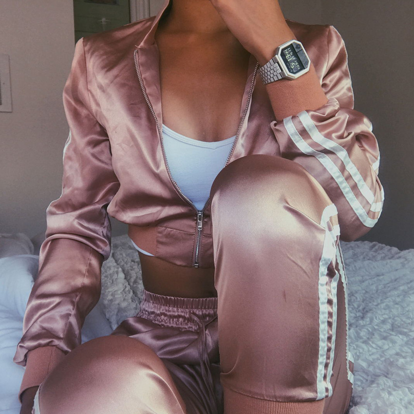 2018 Sexy Two Piece Set Women's Tracksuits Zipper Crop Top and Pants Casual Satin Womens Sporting Suit Outfits Tailleur Femme1