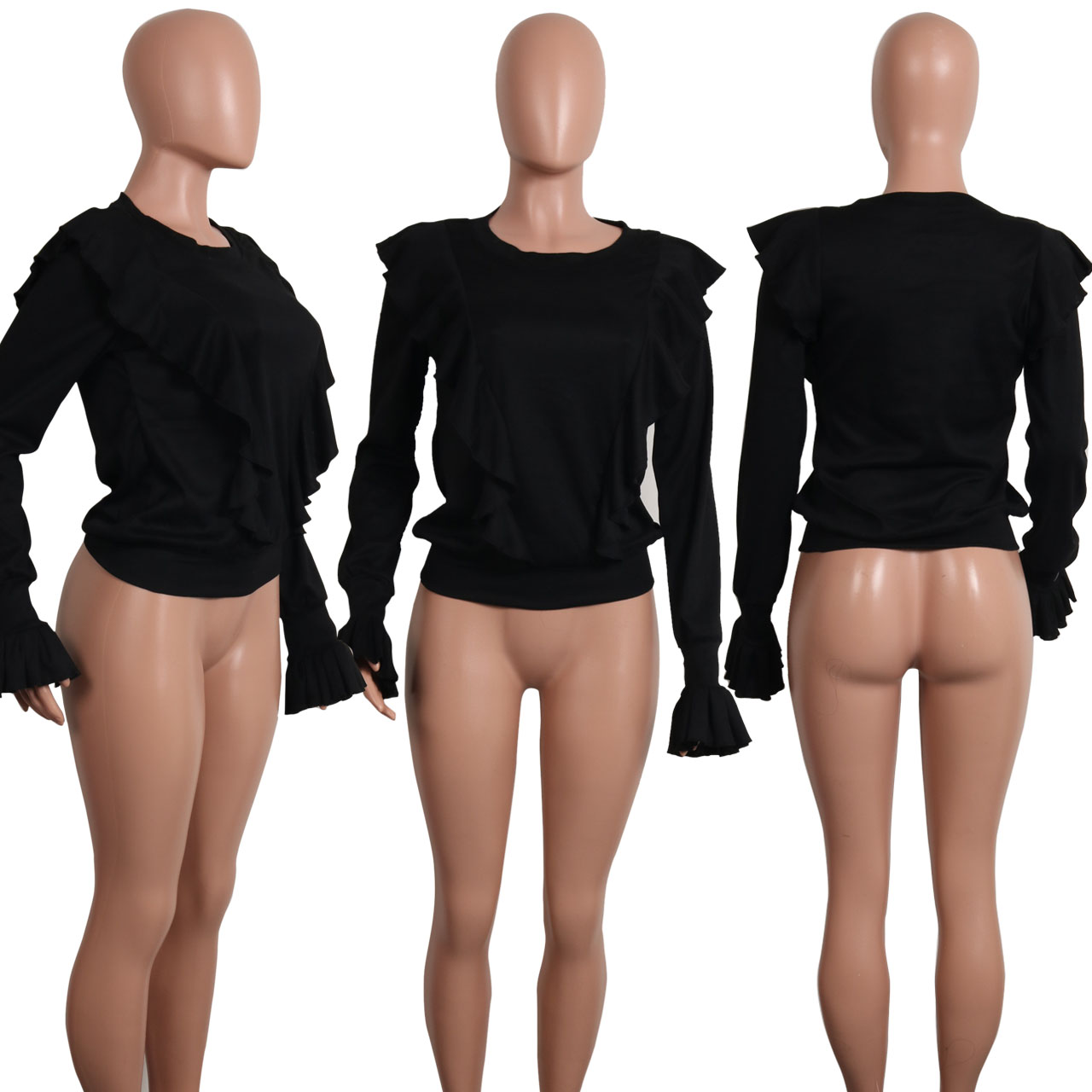 European leisure women's long-sleeved shirt wooden ear trumpet sleeve T-shirt white gray black self-supported mixed batch