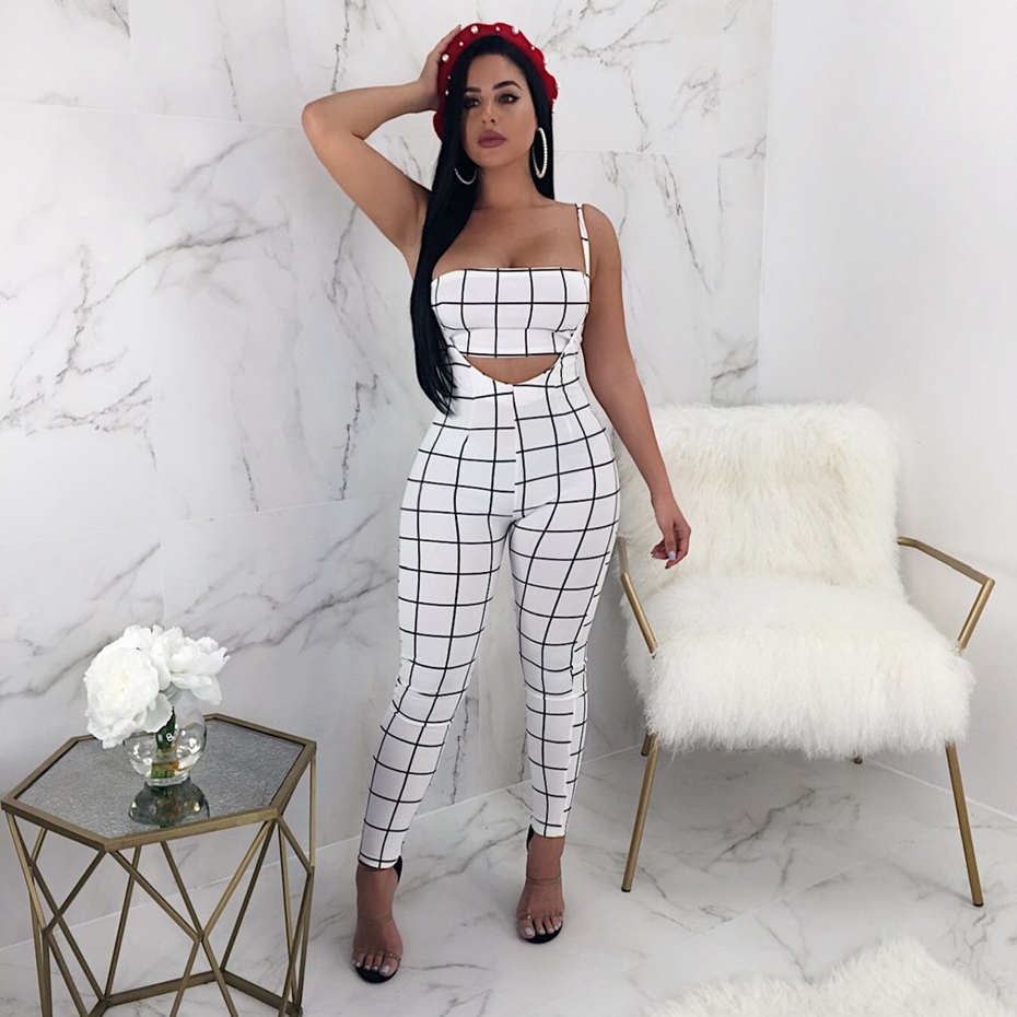 Black White Plaid Overalls: Sexy Jumpsuit 2-Piece Set For Women