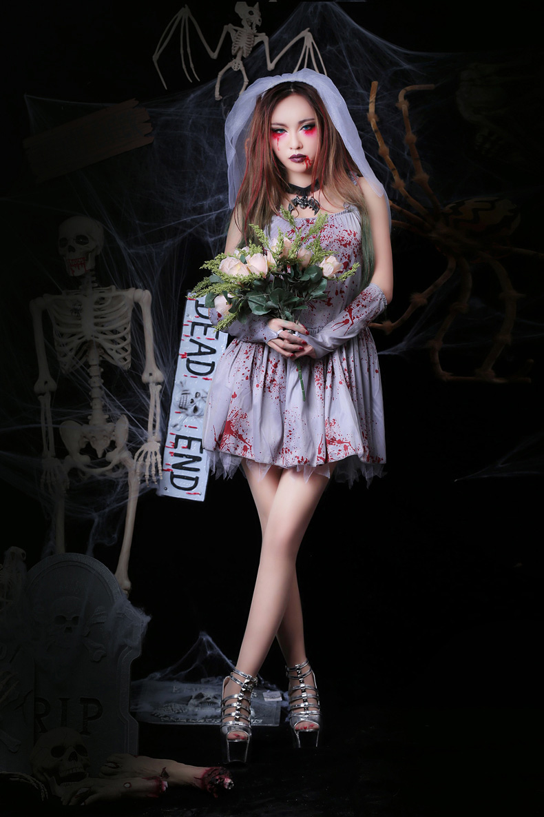 2018 New Arrival Halloween Costumes For Adults Vampire Bride Short Spaghetti Printed Blood Ployester Party Dress With Gloves + Veil In Stock