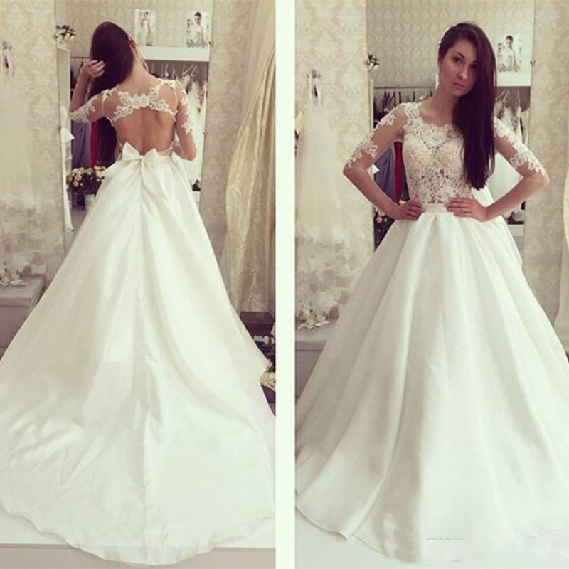 Gorgeous Lace And Satin Wedding Dresses 2018 Sheer Long Sleeves Open Back With Bow Bridal Gowns Sweep Train Wedding Dress Custom Made, White
Gorgeous Lace And Satin Wedding Dresses 2018 Sheer Long Sleeves Open Back With Bow Bridal Gowns Sweep Train Wedding Dress Custom Made, White