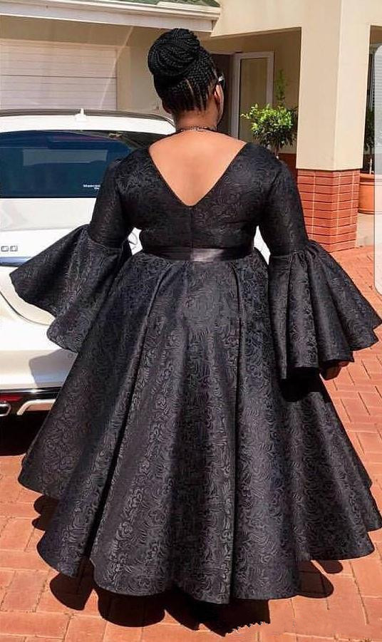 Aso Ebi Black Prom Dresses Plus Size Lace Ankle Length Party Dress Sexy South Africa Long Sleeve Jewel Neck Evening Gown Cheap