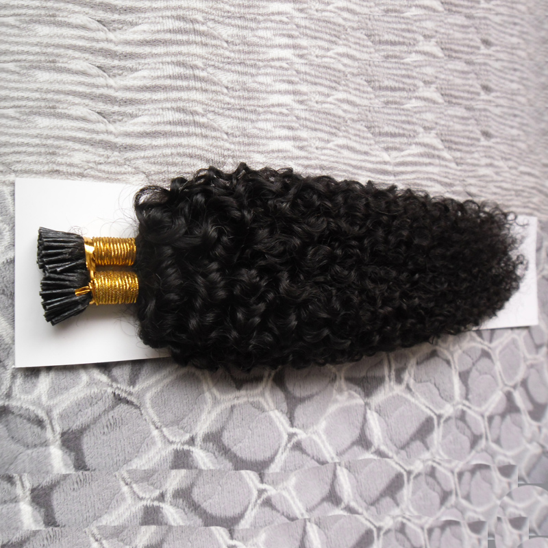 Natural Color afro kinky curly hair 100g Human Pre Bonded Fusion Hair I Tip Stick Keratin Double Drawn Remy Hair Extension