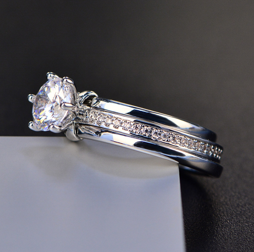 Sterg 3-in-1 Bridal Ring Set: Round Cut White Topaz CZ in Sier