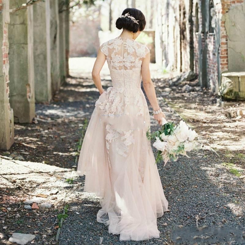 Country Blush Pink Style Dresses Lace Applique Tiered Tulle Sweep Train Wedding Bridal Dress For Women Cheap Gowns