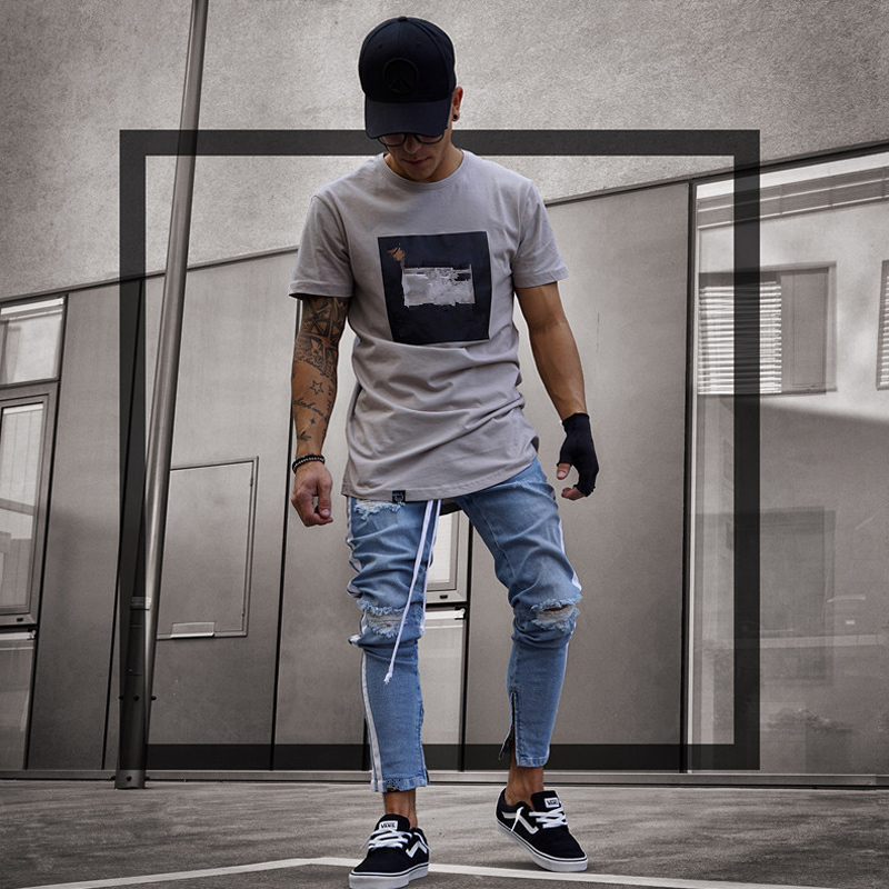 Men's Side Stripe Hip Hop Blue Distressed Jeans Drawstring Elastic Waist Ripped Ankle Length with Zipper Pencil Pants S913