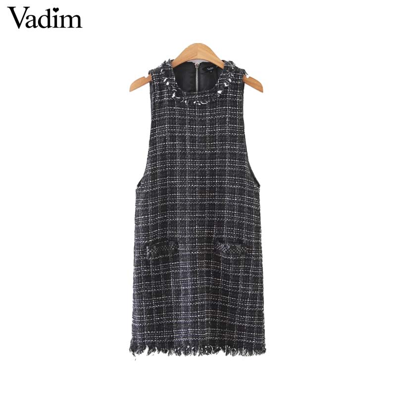 Vadim women sexy plaid tweed sleeveless dress checkered tassel patchwork pocket straight ladies mini dresses vestidos QA485, As picture
Vadim women sexy plaid tweed sleeveless dress checkered tassel patchwork pocket straight ladies mini dresses vestidos QA485, As picture
