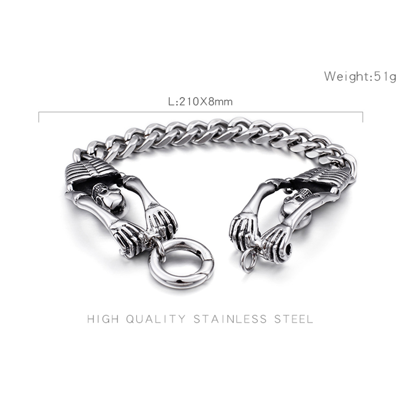 Double Skeleton Stainless Steel Bracelet Punk Men's Ancient Silver Thick Heavy Hip Hop Rock Bangle Jewelry