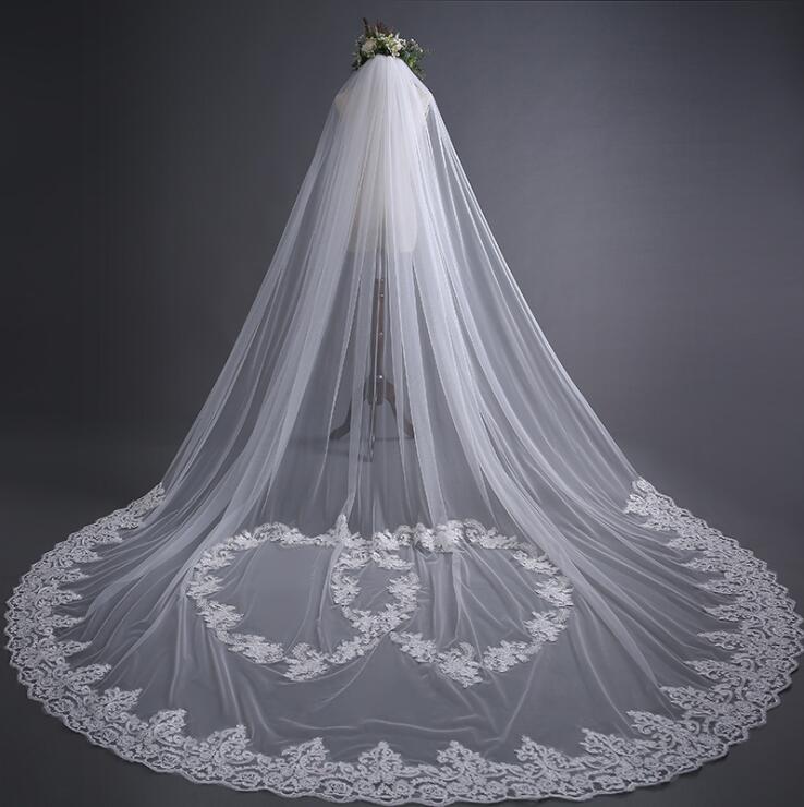 Hot Ivory White Wedding Veils Tulle Appliqued Cathedral Length Wedding Long Veils Heart Custom Made 3M Length Wedding Hair Accessories