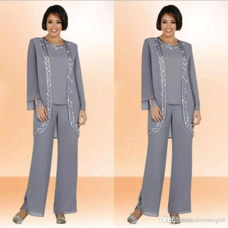 Elegant Gray Chiffon Mother Of The Bride Pant Suits With Long Sleeve Jacket Cheap Embroidery Formal Dress Plus Size Wedding Guest Gowns