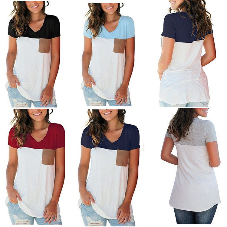 Women Lady Short Sleeved V-neck Stitching Pocket T-shirt Cotton Casual Fashion T-shirt, Black
Women Lady Short Sleeved V-neck Stitching Pocket T-shirt Cotton Casual Fashion T-shirt, Black