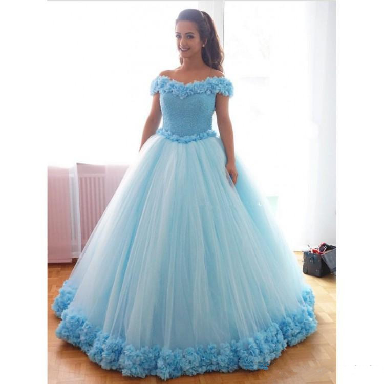 Light Blue Ball Gown Quinceanera Dresses 3D Appliques Off Shoulder Floor Length Bridal Dress Fashion Prom Dress Party Gowns