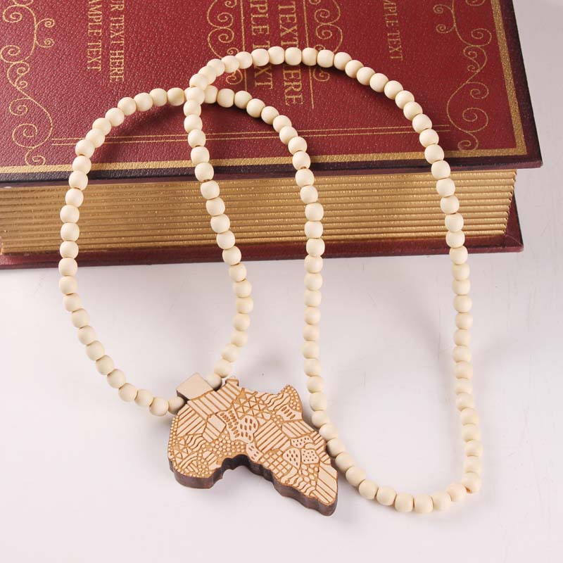 Fashion Wood Made Stylish Africa Map Pendant Hip Hop Beads Long Chain Men Wooden Pendants Necklaces Jewelry Gift S1003