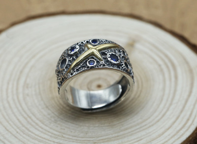 Brand new 925 sterling silver designer jewelry vintage hand-made with starry sky with cross ring adjustable open ring with stones