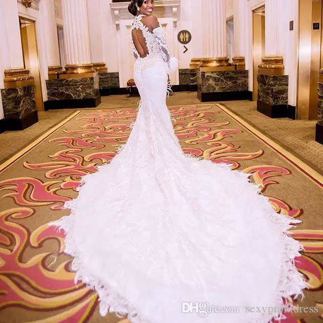 Mermaid Dresses Off The Shoulder High Neck Lace Appliques Bg Crystal Plus Size Wedding Dress Long Sleeve Bridal Gowns