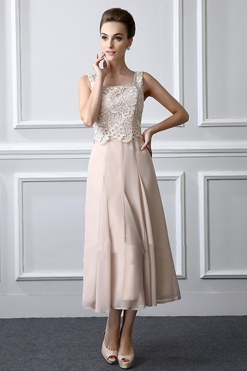 Elegant Mother Of The Bride Dresses Tea Length Lace Formal Gowns With Jacket Square Neck Elegant Two Pieces Wedding Mothers Groom Dress
