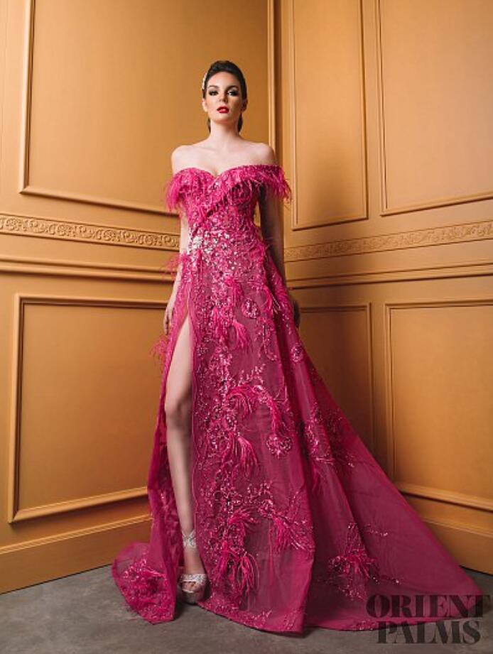 Sexy Evening Dresses Lace Luxury Beaded Feather Side Split Off Shoulder Prom Dress Party Sweep Train Illusion Plus Size Formal Gowns