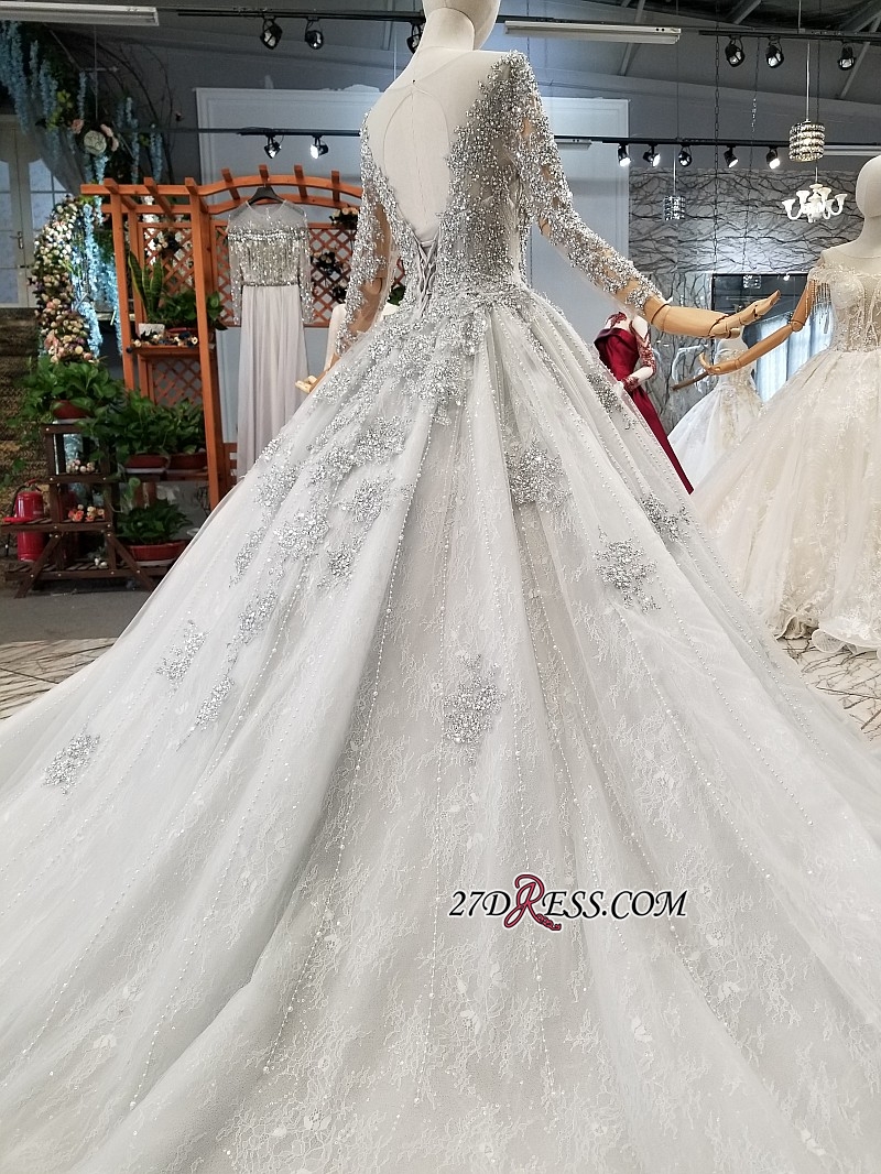 Stunning Long Sleeve Dresses Beadings Laceup Sequins Lace Wedding Bridal Gowns Real Pictures 0521