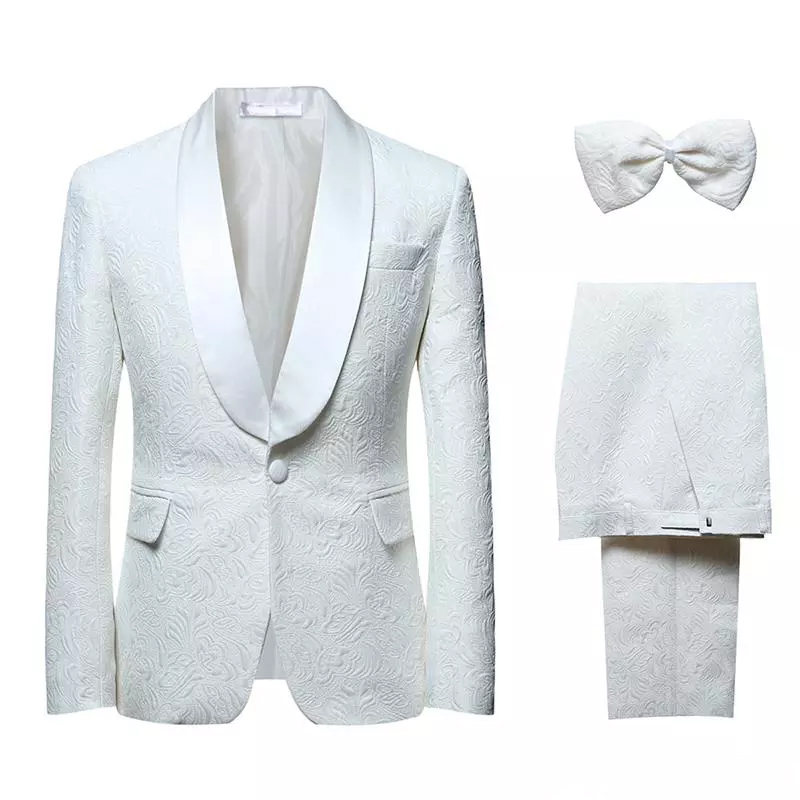 Hot Selling Fashion Wedding Suits Colour White Three Pieces (Jacket+Pant+Bow Tie) Side Vent Print Bridegroom Formal Wears
