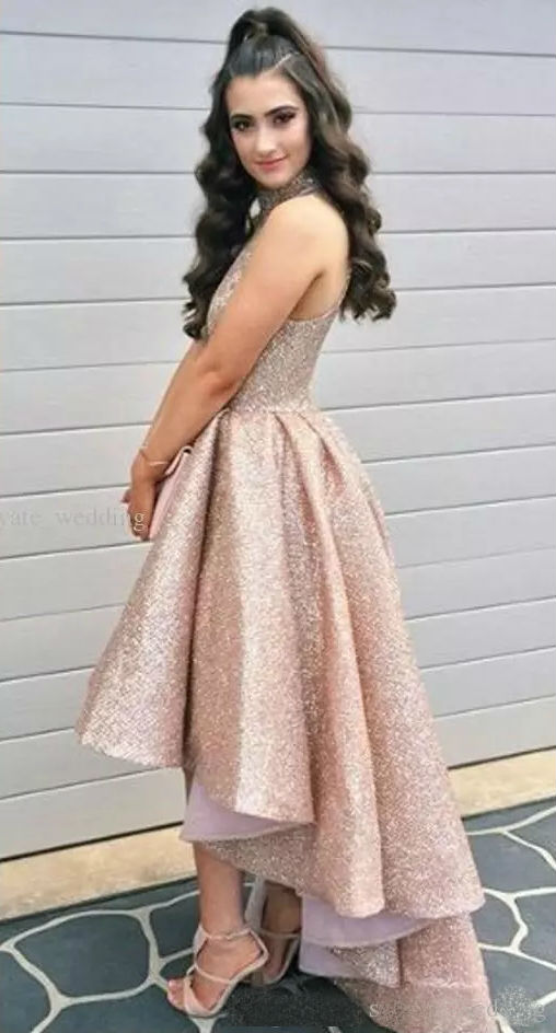 Sparkly Hi Lo Prom Dresses High Collar Sequined Sleeveless Ruffles Evening Gowns Fashion Party Dresses Custom Made