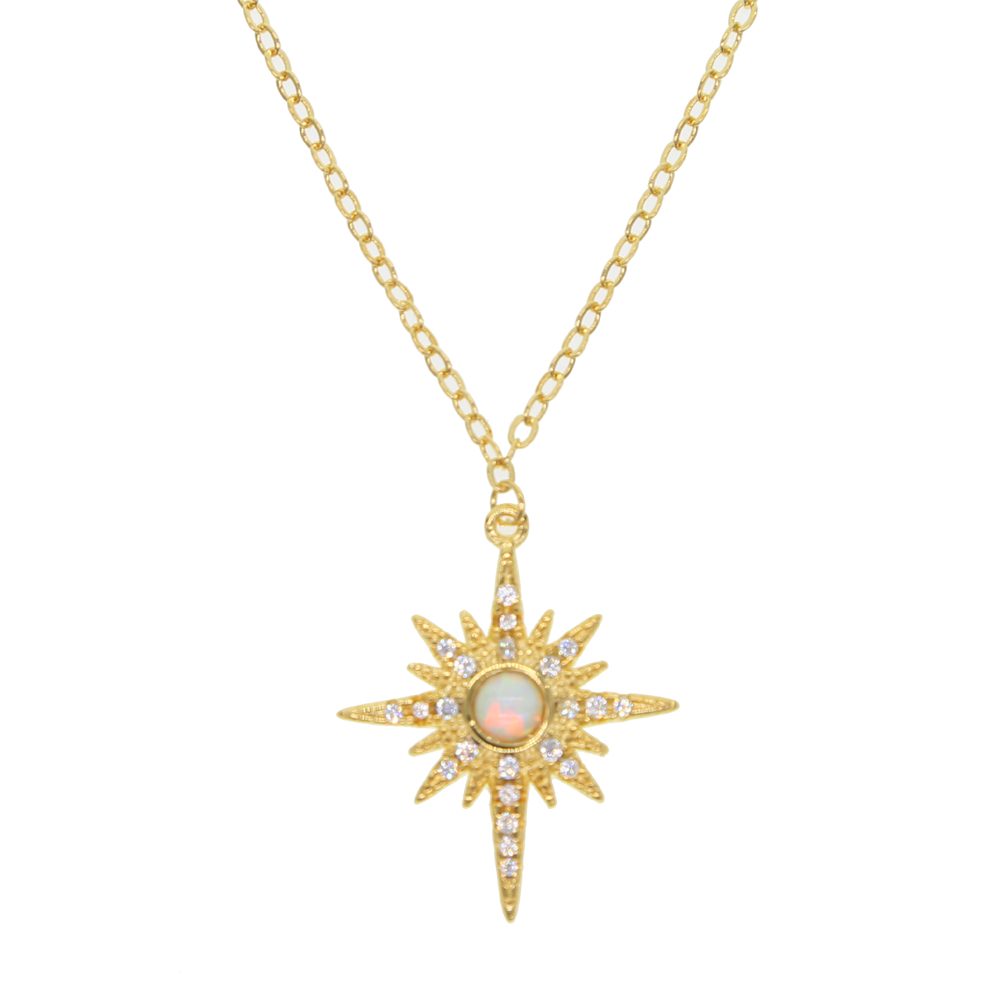 fashion gold plated jewelry northstar pendant necklace with clear cz white fire opal gemstone starburst 2021 christmas gift jewelry