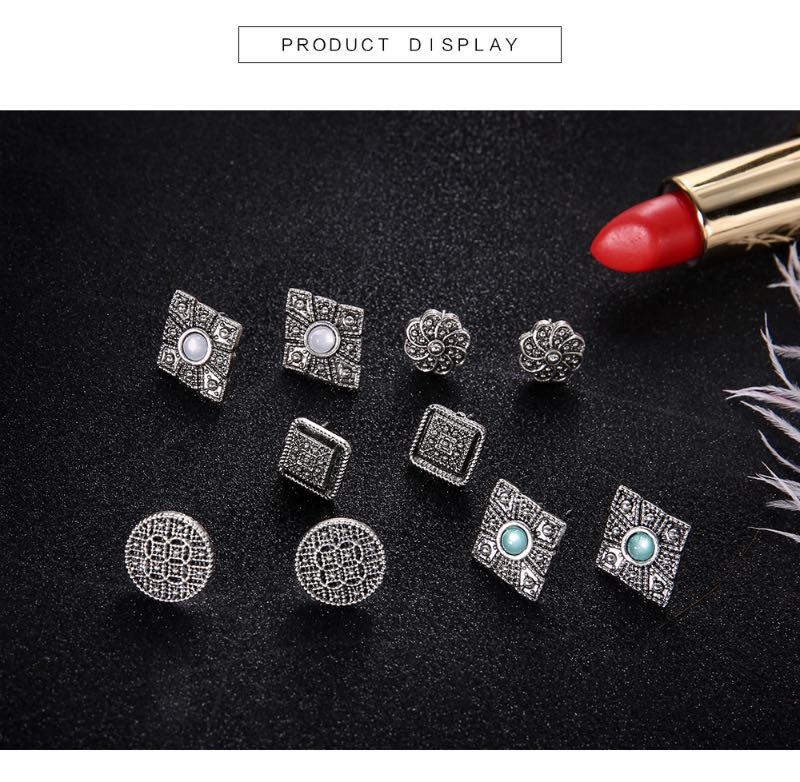 Vintage Tibetan Silver Stud Carving Patterns With White Stone Earring Hollow Out Geometric Shape Earrings Whoelsale