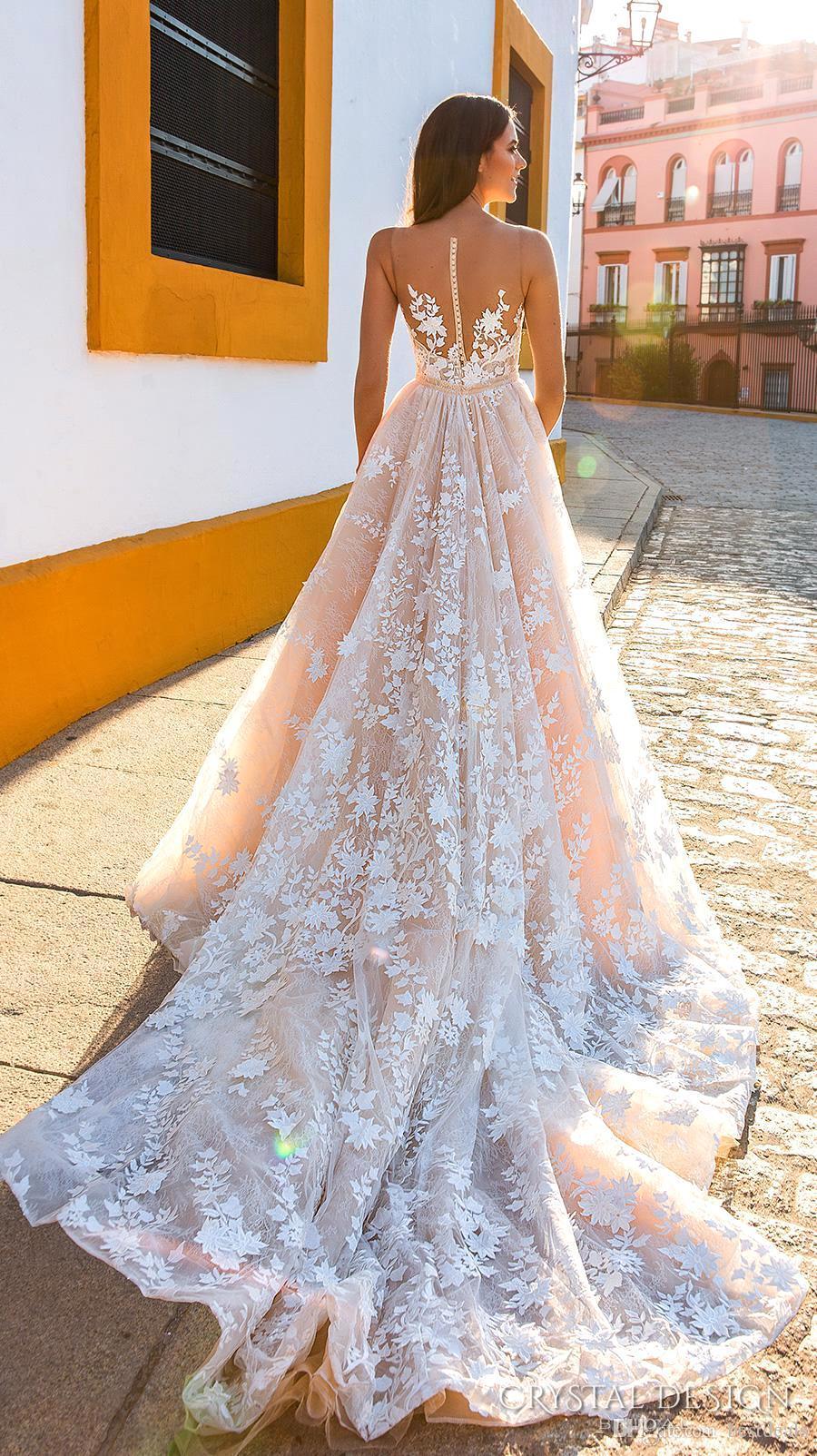 Champagne New Design Detachable A Line Lace Applique Illusion Back Court Train Wedding Dresses Bridal Gowns Pplique