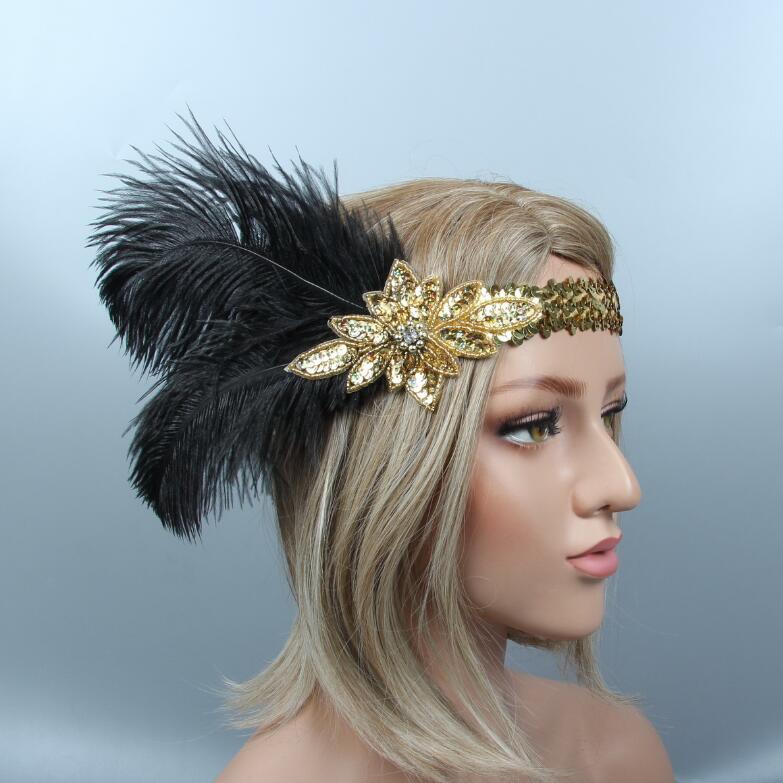 1920s Great Gatsby Black Bridal Headband feather Beauty Girl Peacock Feather Wedding Queen Headband Prom Princess Birthday Party